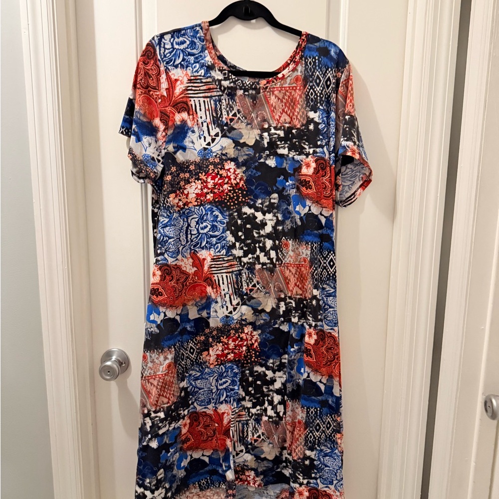 LuLaRoe “Jessie” Vibrant Blue and Red Patterned Midi Dress
